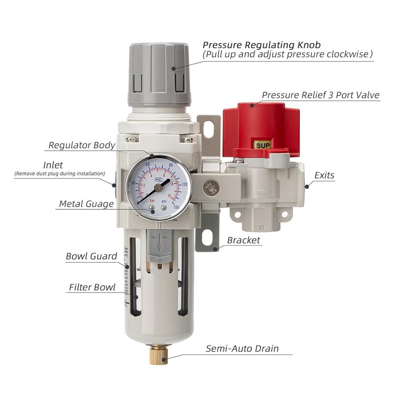 LNCHKA Industrial Air Compressor Filter Regulator Combo 3/8" NPT 0-150 PSI Gauge,Semi-Auto Drain,Pressure relief 3 port valve,5 Micron Water Separator for Pneumatic Tools - Image 2